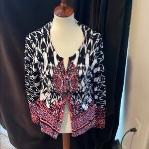 Black and White Patterned Cardigan with Red Accents
